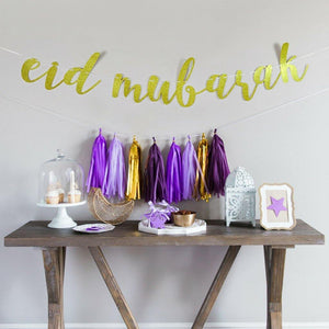 Eid Mubarak Letter Banner- Gold Cursive Glitter Letters - Silver Lining UK